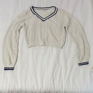BP Cream V-Neck Cropped Sweater with Navy Trim